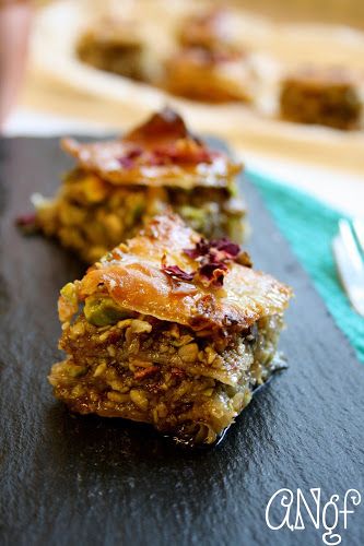 Homemade gluten free baklava filled with pistachios and rose petals | Anyonita-nibbles.co.uk Gluten Free Baklava, Gluten Free Pistachio, Pistachio Rose, Gluten Free Desserts Healthy, Gluten Free Puff Pastry, Easy Gluten Free Desserts, Recipes Gluten Free, Gluten Free Biscuits, Greek Desserts