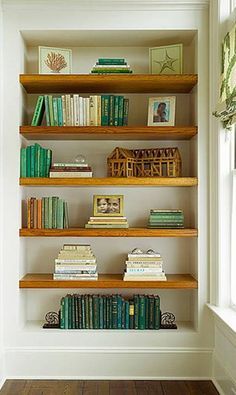 Lovely #built-in shelves Hallway Bookshelf, Copper Shelves, Organizing Bookshelves, Stained Shelves, Block Shelves, Colored Books, Floating Shelves Ideas, Recessed Shelves, Shelf Arrangement