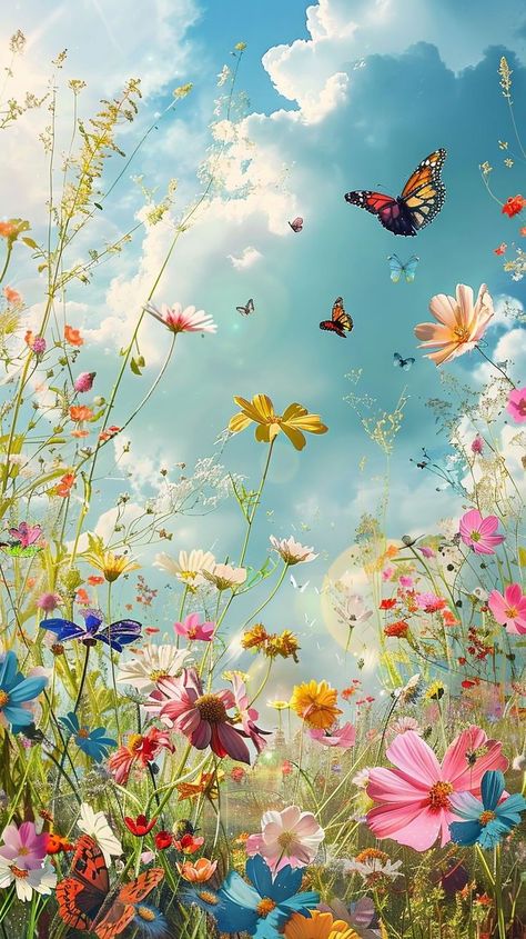 https://pin.it/2vehmbP1z Natural Flower Wallpaper, Butterflies In Flowers, Garden Of Flowers Painting, Background Images Flowers, Flower Background Aesthetic, Blooming Aesthetic, Best Phone Wallpaper, Spring Phone Wallpapers, Digital Art Flowers