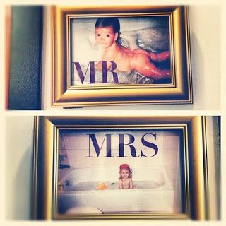 Same picture, framed together of the Mr & Mrs. For the bathroom doors at Apple Mt like you talked about!! Bathtub Pictures, Wedding Bathroom, Mr And Mrs, Here Comes The Bride, Rehearsal Dinner, My Dream Home, The Words, Engagement Party, Home Projects