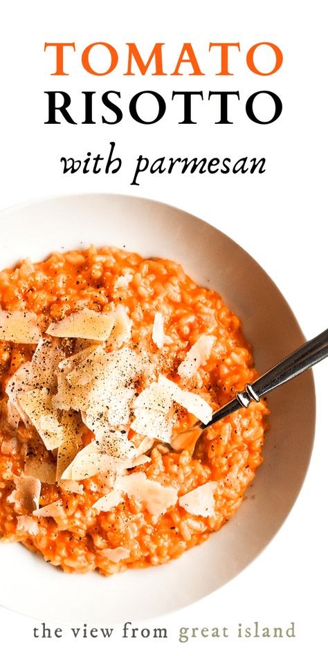 Tomato Risotto with parmesan cheese is an easy pantry friendly meal that is comforting, flavorful, and accommodates all sorts of variations. #risotto #tomatorisotto #easy #recipe #dinner #vegetarian #meatless Easy Recipe Dinner, Tomato Risotto Recipes, Easy Risotto, Risotto Recipes Easy, Risotto Dishes, Parmesan Risotto, Tomato Risotto, Dinner Vegetarian, Healty Dinner