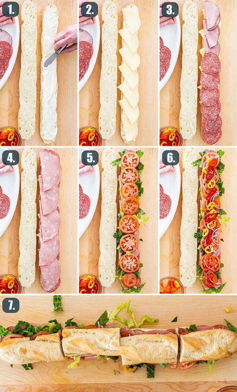 Meaty and flavorful, this Italian Sub Sandwich has it all! Crispy bread piled high with provolone cheese, ham, salami and mortadella. #italiansub #sandwich #recipe Seafood Sandwich, Italian Sub Sandwich, Italian Dressing Recipes, Baguette Sandwich, Sub Sandwich, Crispy Bread, Homemade Italian Dressing, Types Of Sandwiches, Italian Sub