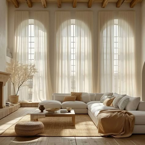 Beautify Your Arched Windows with These Trendy Window Treatment Ideas • 333+ Images • [ArtFacade] Curtain Ideas For Round Top Windows, Diy Arched Window Frame, Curtains On Round Top Windows, Arch Windows Ideas, Living Room With Arched Windows, Arched Windows With Curtains, Arch Window With Curtains, Arch Windows Curtains, Curtain Arched Window