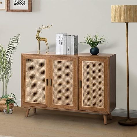 Amazon.com - HULALA HOME Accent Storage Cabinet with 3 Natural Rattan Doors & Wood Legs, 2-Tier Shelf Sideboard Buffet Cabinet, Cupboard Console Table for Living Room, Entryway, Dining Room, Hallway (Walnut) - Buffets & Sideboards Rattan Console, Rattan Doors, Entryway Dining Room, Accent Storage Cabinet, Tier Shelf, Accent Storage, Table For Living Room, Living Room Entryway, Buffet Cabinet