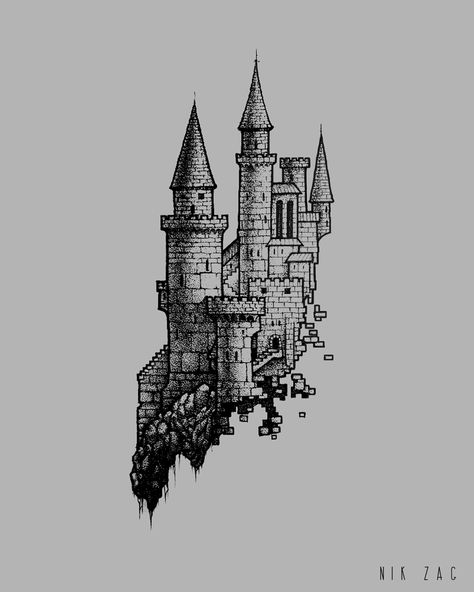 Castles Tattoo Design, Mini Castle Tattoo, Brick Castle Tattoo, Blackwork Castle Tattoo, Medieval Castle Tattoo Design, Fantasy Castle Tattoo, Crumbling Castle Tattoo, Medieval Architecture Drawing, Sketch Like Tattoos