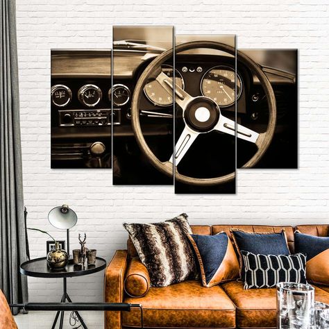 Vintage Car Dashboard Multi Panel Canvas Wall Art will create that wow effect in your room. Have your dream vehicle placed on your favorite walls and let others know your class of choosing vehicles. Car Dealership Office Decor, Car Themed Nursery, Room Decor Men, Car Themed Rooms, Sepia Wall Art, Car Room Decor, Car Part Art, Airbnb Ideas, Kay Kay