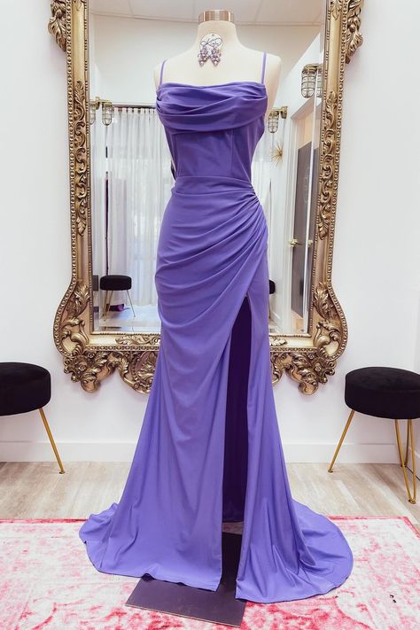 This formal dress showcases a mermaid silhouette, featuring a cowl neck with spaghetti straps and an open back. Made with spandex material, it comes in a beautiful purple color and falls to a full length. SKU: 3470 Purple color Spandex material Mermaid silhouette Cowl neck with spaghetti straps Open back Full length Built-in bra Ship in 7-10 business days Size: US 2-16. We offer free returns in 7 days. Please refer to our return policy page for more details. If you have any questions, don't hesitate to contact us: at service@dressesforparty.com. Long Purple Homecoming Dress, Long Purple Hoco Dresses, Mermaid Dress Silk, Prom Dresses Royal Purple, Purple Mermaid Dresses, Light Purple Tight Prom Dress, Purple Tight Dress Long, Purple Silk Dress Prom, Mermaid Inspired Prom Dress