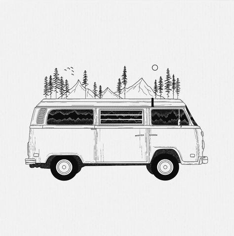 Camper Van Tattoo, Vw Van Drawing, Van Life Drawing, Trailer Tattoo, Rv Drawing, Campervan Tattoo, Van Sketch, Van Tattoo, Van Drawing