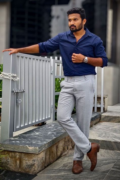 Corporate Dress For Men, Interview Dress For Men, Pre Wedding Photoshoot Outfit For Men, Grey And Blue Outfit Men, Corporate Wear For Men, Navy Blue Dress Combination, Blue Shirt Grey Pants Men, Navy Blue Couple Outfits Wedding, Grey And Navy Blue Outfit