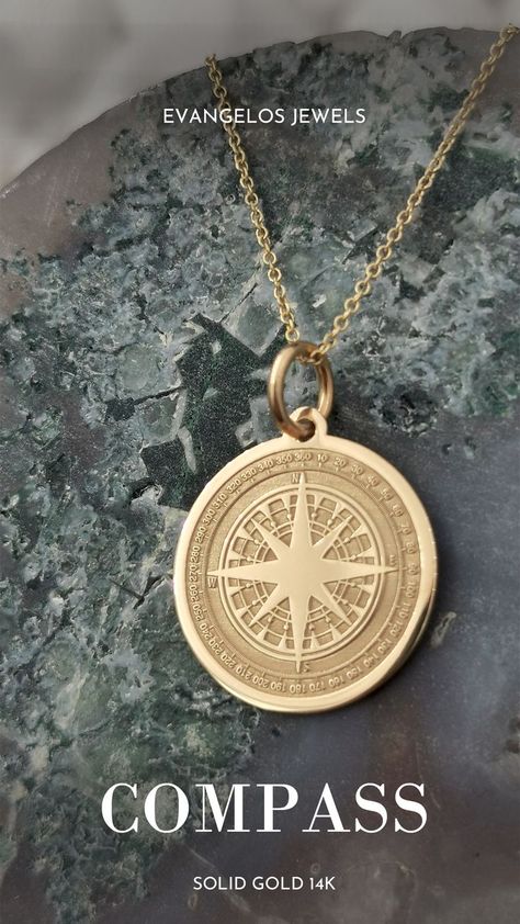 14K Solid Gold Compass Necklace, Compass jewelry, compass charm, personalized compass, custom pendant, traveler gift The diameter of the pendant is 0,65 Inch (16,5mm) Both Pendant and Chain are 14k Solid Gold Pendant thickness : 0.5mm Inner diameter of jump ring : 4mm ♥ Material of pendant and chain: Solid Gold k14 ♥ Packaging: All of our jewelry are beautifully boxed and ready for gifting ♥ Colors: Gold, White gold, Rose gold Gold Compass Necklace, Gold Pendants For Men, Compass Jewelry, Custom Pendant, Boho Men, Compass Pendant, Symbol Necklace, Compass Necklace, Wedding Rings Solitaire