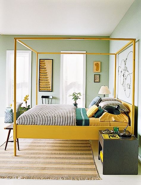 Yellow and green bedroom Yellow Bed Frame, Apartment Therapy Bedroom, Yellow Bed, Green Interior Design, Yellow Bedding, Yellow Bedroom, Green Walls, Green Interiors, Bedroom Green