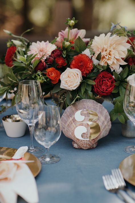 Seashell Table Number for The Little Mermaid Themed Disney Wedding | Lovelyfest Event Design | Camille + Jonathan Beach Table Numbers, Shell Seating Chart Wedding, Seashell Seating Chart, Shell Table Numbers, Seashell Table Numbers, Nautical Table Numbers, Seashell Wedding, Disney Wedding, Wedding Table Numbers