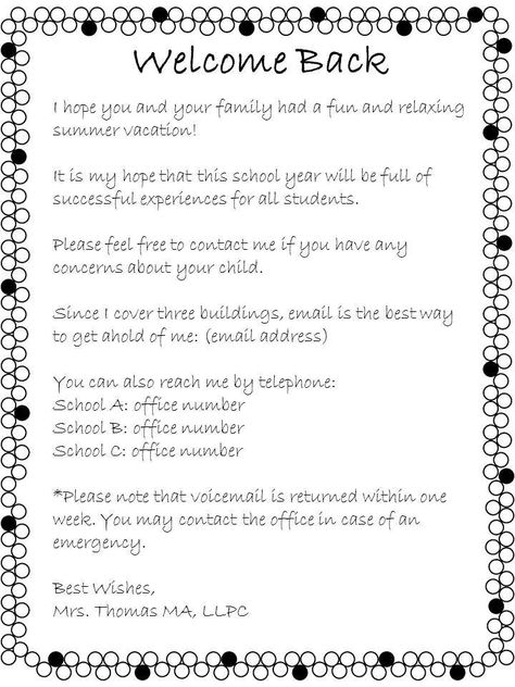 Welcome Back Letter - Example Preschool Welcome Letter, Parent Welcome Letter, Welcome Back Letter, School Counsellor, Student Self Assessment, Counseling Tools, Guidance Counselor, Guidance Counseling, Elementary School Counselor