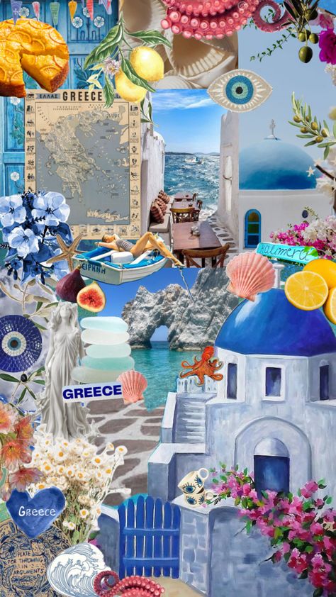 #greeceaesthetic #greece #summer #greecesummer #girlsummer #beach #blue #aesthetic Beach Blue Aesthetic, Greek Wedding Theme, Greece Wallpaper, Aesthetic Shuffles, Artsy Background, Art Alevel, Travel Collage, Greek Blue, Greece Summer