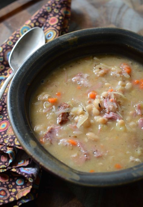 Ham, Bean & Sauerkraut Soup | Fresh Tart Sourcrout Soup, Thm Soup, Recipe For Ham, Ham And Bean, Fresh Ham, Sauerkraut Soup, Pork Hock, Ham Hock, Sauerkraut Recipes