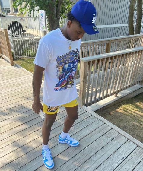 Unc Blue Dunks Outfit Men, Dunks And Shorts Outfit Men, Blue Shorts For Summer Streetwear, Spring Streetwear Denim Blue Shorts, Men’s Basketball Shorts Outfit, Summer Outfits Men Streetwear, Summer Day Outfits, Black Teens Fashion, Drippy Fits