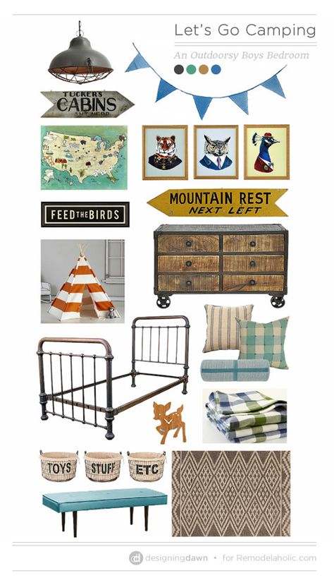 Hello again! I’m Dawn from DesigningDawn.com back this month with another mood-board for your decoration inspiration. If you’ve missed any of my previous inspiration posts here on Remodelaholic, you c Camping Bedroom, Camping Room, Big Boy Bedrooms, Camping Inspiration, Bunk Beds With Stairs, Big Kids Room, Boy Bedroom, Big Boy Room, Boys Bedroom