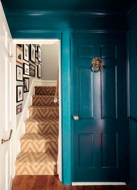 Teal Foyer Entryway, Stair Carpeting, Teal Hallway, Doors Hallway, Gallary Wall, Dark Blue Kitchens, Blue Hallway, Teal Bedroom, Teal Paint