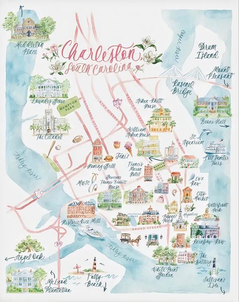 Charleston Map, Watercolor Mug, Charleston Art, Cheetah Print Wallpaper, Charleston Travel, Rainbow Row, Dorm Art, Pastel House, Watercolor Map