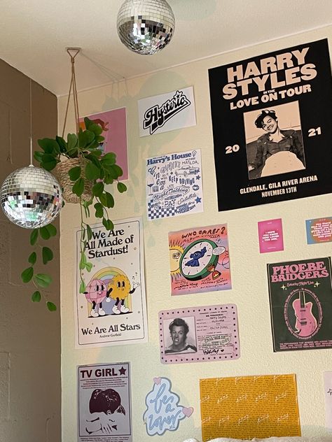 How To Style A Disco Ball, Disco Ball For Bedroom, Mini Disco Ball Room Decor, Disco Aesthetic Room Decor, Disco Ball Hallway, Harry Styles Poster Aesthetic Room, Disco Theme Room Decor, Hanging Disco Ball Decor Bedroom, Harry Styles Gallery Wall