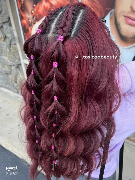 Two Half Ponytail Hairstyles, Cute Hair For Homecoming, Half Up Half Down With Beads, Half Braided Half Down Hairstyles, Braids Hairstyles Half Up Half Down, Half Up Half Down Rave Hair, Edgy Half Up Half Down Hair, Half Head Braids Curly Hair, Hair Extension Hair Styles