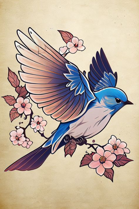 blue bird tattoo, blue birds tattoos, classic tattoo, tattoo Blue Bird Tattoo, Bird Tattoo Design, Colorful Bird Tattoos, Bird And Flower Tattoo, Bluebird Tattoo, Vogel Tattoo, Blue Bird Art, Timeless Tattoo, Sparrow Tattoo