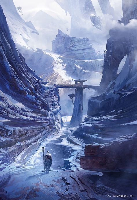 Anime Body, Creation Art, Snowy Mountain, Landscape Concept, Conceptual Illustration, 다크 판타지, Fantasy Setting, Fantasy Places, Fantasy Concept Art