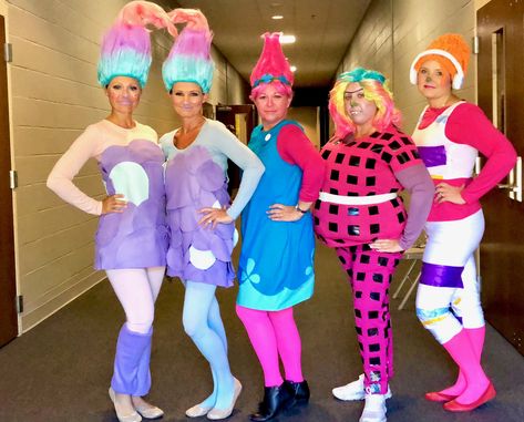 Trolls Costume Ideas, Satin And Chenille Trolls Costume, Trolls Group Costume, Trolls Halloween Costume, Trolls Costume, Troll Halloween Costume, Adult Costumes Diy, Twin Costumes, Rugby 7s