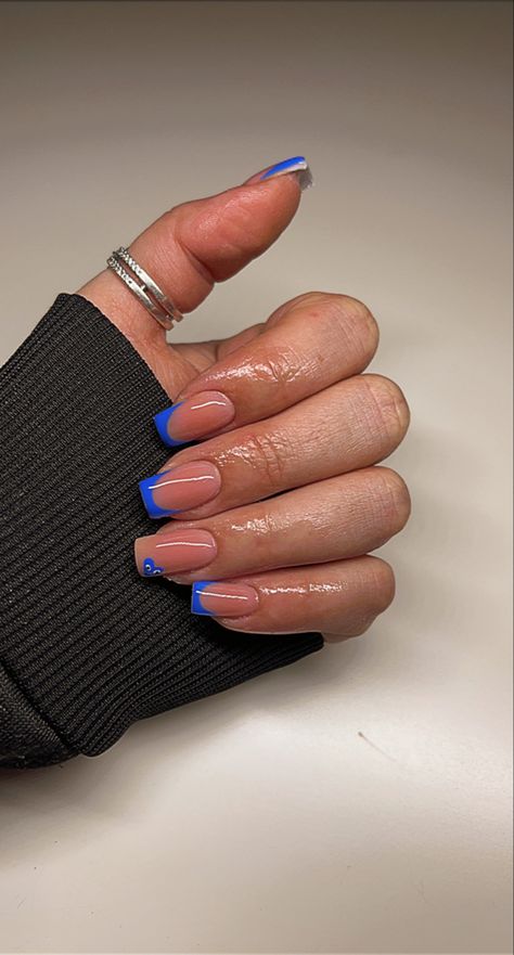 Simple Righnstone Nails, French Nails Royal Blue, Pink Nails With Blue Tips, French Nails With Blue Heart, Royal Blue Nails Short French, Cute Royal Blue Nail Ideas, Royal Blue Heart Nails, Short Acrylic Nails Blue Design, Blue Heart French Tip Nails