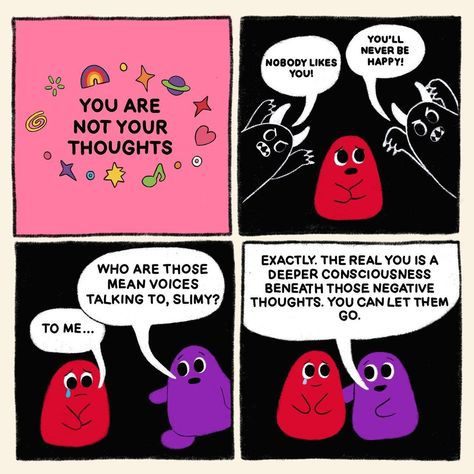 SLIMY ODDITY on Instagram: “We've all gone through most of our lives thinking that the voice in our head is our own. We've been taught to claim our thoughts as our…” Slimy Oddity, Vision Board Goals, Quotes Humor, Positive Things, Magic Mushroom, Witty Quotes, Happy Things, Health Quotes, Cute Comics