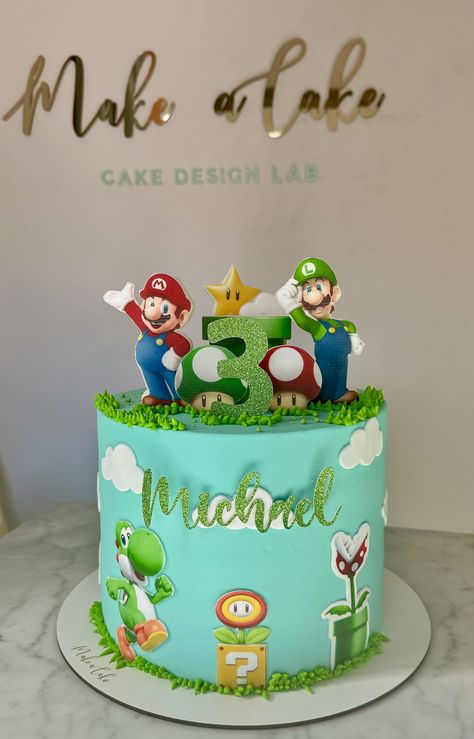 Cake with Super Mario theme  #CakeArt #BirthdayCake #AnimatedCake #SuperMarioCake #CakeDesign #CakeDecor Mario And Luigi Cake, Super Mario Birthday Cake, Luigi Cake, Super Mario Theme, Mario Birthday Cake, Mario Theme, Super Mario Cake, Super Mario Bros Birthday Party, Mario Cake