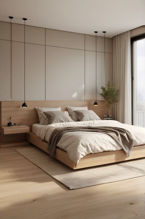 Masters Bedroom Minimalist Cozy, Organic Modern Master Suite, Neutral Minimalist Bedroom Modern, Interior Design Focal Point, Organic Luxury Bedroom, Organic Neutral Bedroom, Beige And Wood Bedroom, Bedroom Tall Ceilings, Minimalist Master Room