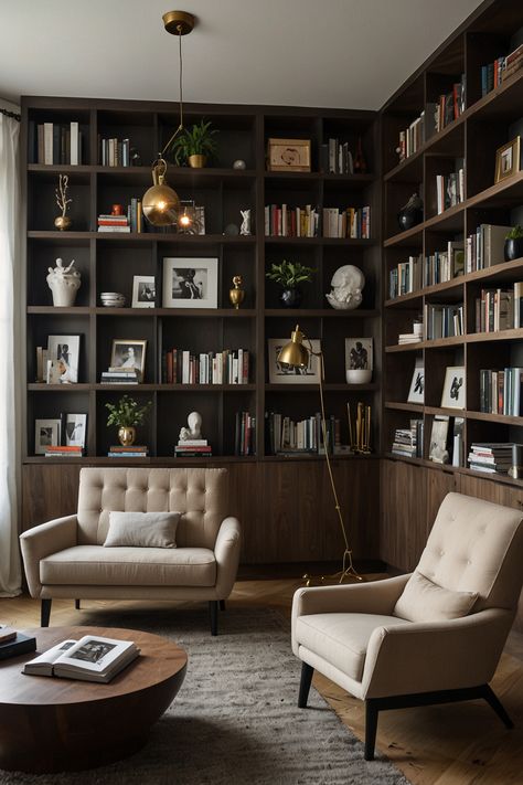 Transform your space into a sleek, modern chic home library with elegant clean lines and practical, stylish shelving. Ideal for book lovers wanting a refined and contemporary look.  #ModernLibrary #ChicInteriors #HomeLibraryDesign #SleekShelving #ContemporaryHome #InteriorDesign #BookLovers #MinimalistDecor Black And Brown Library, Dark Wooden Bookshelf, Organic Modern Library, Modern Office Library, Den Inspiration Room Ideas, Modern Farmhouse Library, Big Book Shelf, Library Room Modern, Modern Library Room