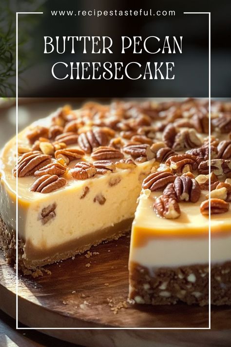 Indulge in this rich and creamy Butter Pecan Cheesecake, featuring a buttery graham cracker crust, smooth cream cheese filling, and a delightful pecan topping. Perfect for special occasions or a sweet treat! Butter Pecan Pie Cheesecake, Best Cheesecake Recipe Ever, Cheesecake With Pecan Crust, Pecan Praline Cheesecake, Butter Pecan Cheesecake Recipe, Brown Sugar Pecans, Cream Cheese Cake Recipes, Praline Cheesecake, Butter Pecan Cheesecake