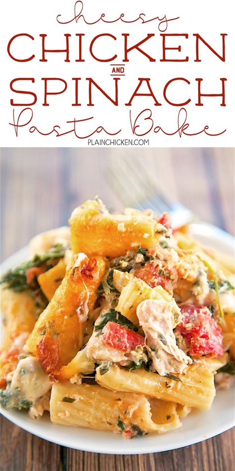 Easy Chicken Spinach Pasta, Make Ahead Chicken Pasta Bake, Chicken And Spinach Pasta Bake, Chicken Potluck Recipes, Pasta Bake With Chicken, Chicken Spinach Pasta Bake, Chicken And Spinach Pasta, Bake Pasta, Spinach Pasta Bake