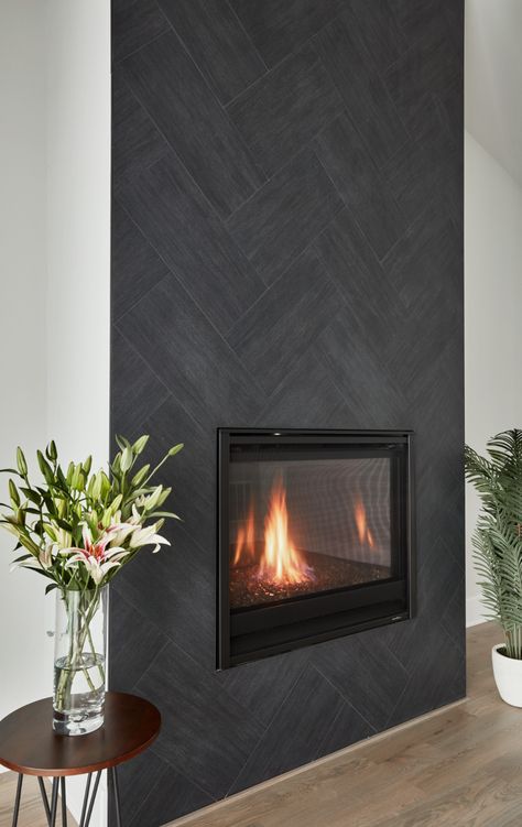 Metalwood - Arizona Tile Modern Fireplace Tiles, Tiled Fireplace Wall, Tile Around Fireplace, Slate Fireplace Surround, Black Fireplace Surround, Fireplace Modern Design, Electric Fireplace Living Room, Minimalist Fireplace, Fireplace Feature Wall