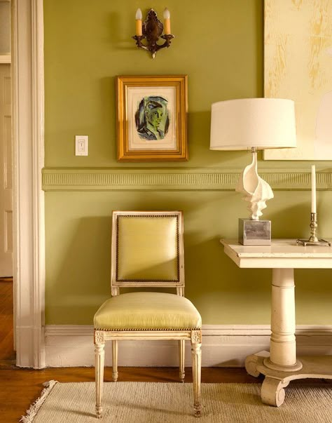 Churlish Green, Harlem Apartment, Interior Design Green, Sheila Bridges, Breakfast Room Green, Family Room Paint, Small Sectional Sofa, Green Paint Colors, Green Walls