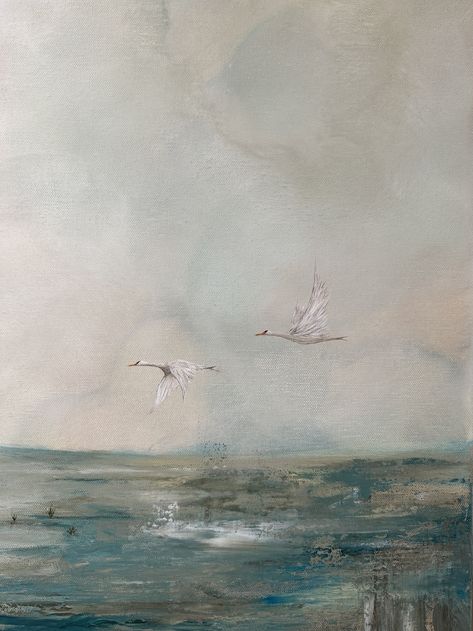 Swans Flying Painting, Flying Swan Painting, Swan Flying Drawing, Abstract Swan Painting, Flying Swan Drawing, Studio Celine W, Soft Paintings Aesthetic, Swan Painting Acrylic, Flying Birds Painting