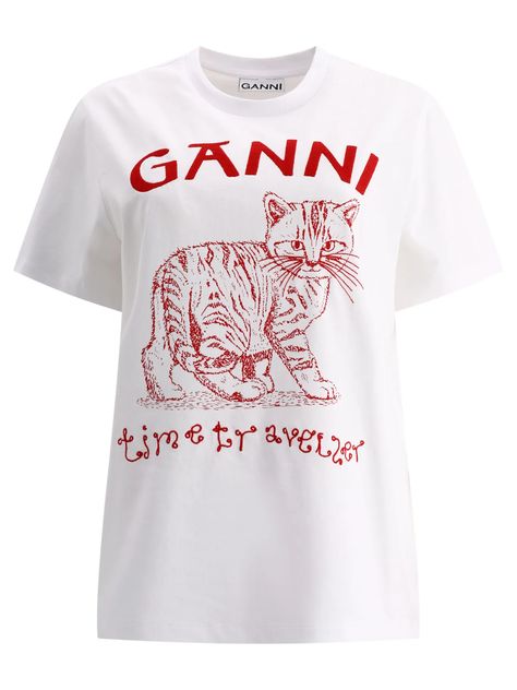 Ganni Future Cat-Printed Crewneck T-Shirt – Cettire White Tshirt Outfit, Color Moodboard, Ganni T Shirt, Tory Burch Eleanor, Kawaii Clothes Goth, Salty Blonde, Cat Prints, Off-white Logo, Casual Basics