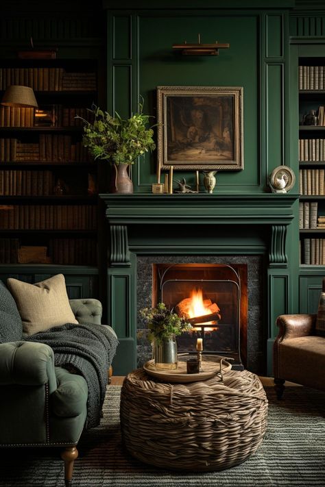 Dark green is the perfect colour for a living room, especially if you have a working fireplace. It envelopes the room like a warm hug with its rich and soothing hues. #darkgreen #darkgreenlivingroom #livingroom Dark Green Rooms, Green Walls Living Room, Dark Green Living Room, Cabin Room, Earthy Living Room, Victorian Living Room, Dark Living Rooms, Furniture Rustic, Cottage Living Rooms