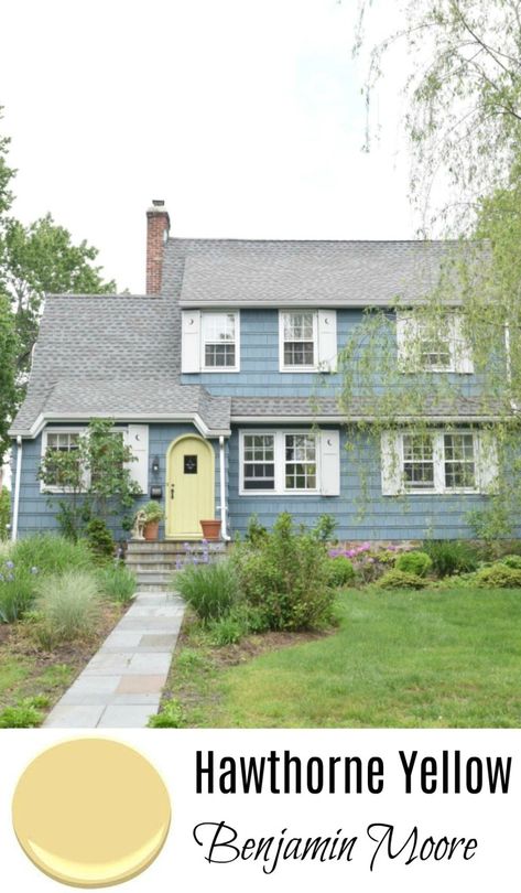 Exterior Paint Door Color- Hawthorne Yellow Benjamin Moore Exterior House Landscaping, Painted Front Door Ideas, Exterior Paint Ideas, Hawthorne Yellow, Dune House, House Elevations, New England House, Benjamin Moore Exterior, Paint Door