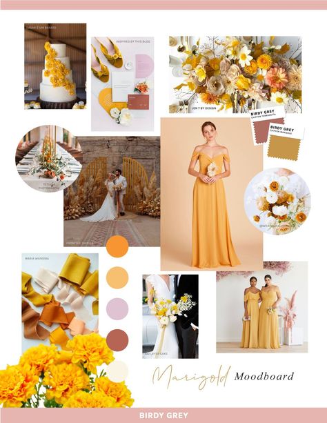 Marigold Yellow Wedding, Marigold Wedding, Yellow Wedding Inspiration, Yellow Wedding Theme, Marigold Yellow, Birdy Grey, Wedding Inspiration Board, Yellow Wedding, Birdy