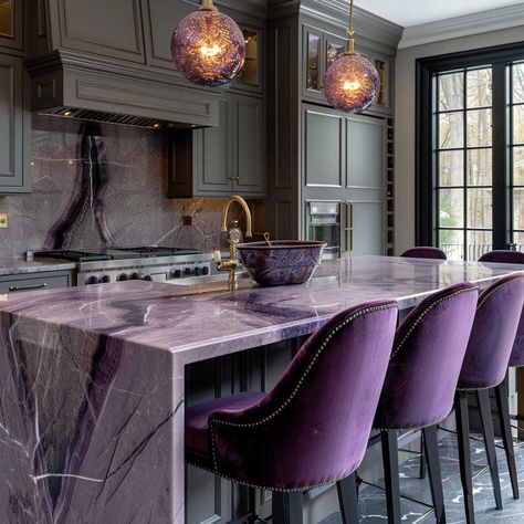 Explore Bold Purple Kitchen Furniture Design Ideas for a Unique Look • 333+ Art Images Purple Marble Countertop, Purple And Grey Interior Design, Purple Accent Kitchen, Purple Green Kitchen, Bold Kitchen Design, Light Purple Kitchen, Purple And Green Kitchen, Purple Kitchen Ideas, Purple Kitchen Cabinets