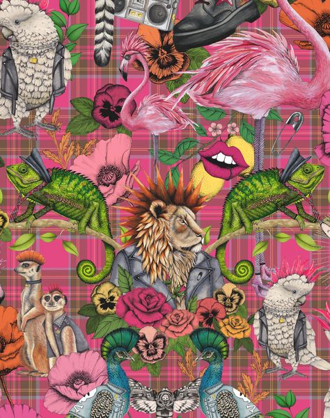 PUNK ROCKS HOT PINK – The Pattern Collective Punk Rock Wallpaper, Punk Inspired Fashion, Rocks Wallpaper, Vibrant Wallpaper, Tartan Background, Rock Sign, Punk Rocks, Punk Culture, Pink Tartan