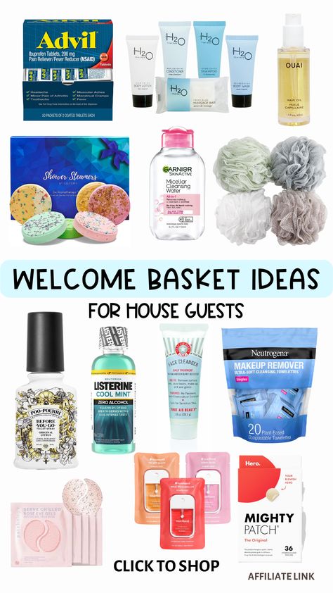 Step up your hosting game and create a welcome basket next time you have house guests. Here are a few ideas for items you come put in your guest bedroom welcome basket. Guest Bath Basket, Christmas Welcome Basket For Guests, Christmas Guest Basket, Welcome Basket Ideas For Guests, Guestroom Basket Ideas, Guest Baskets Welcome Bedrooms, Welcome Gift Basket House Guests, Houseguest Welcome Basket Goodies, Guest Toiletries Basket