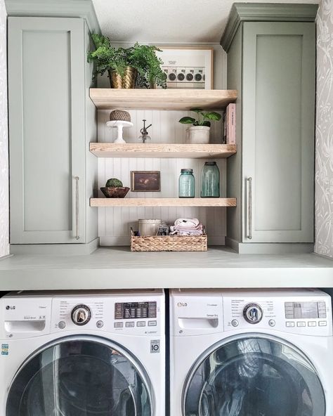 Laundry Area Cabinets, Laundry Room Cabinet With Shelves, Open Wood Shelving Laundry Room, Laundry Wood Shelves, Laundry Room With Shelves And Cabinets, Open Laundry Shelving, Laundry Room Cabinets With Shelves, Shelves Between Cabinets Laundry, Open Mud Room Ideas