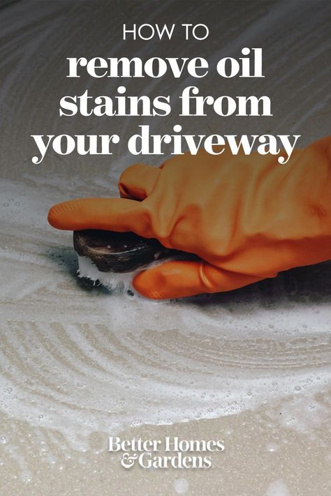 Get rid of oil residue and pesky driveway stains with these easy cleaning tips. How To Get Oil Out Of Concrete, How To Get Oil Stains Off Driveway, Oil Stains On Driveway, How To Clean Oil Off Driveway, Remove Oil Stains From Driveway, Remove Oil From Concrete, Cleaning Concrete Driveway, Cement Cleaner, Blacktop Driveway