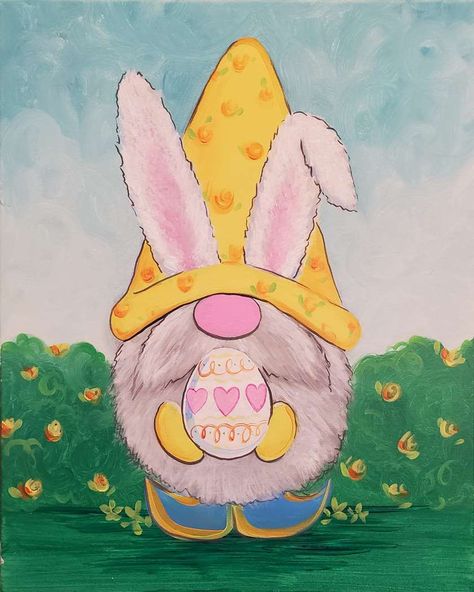 Easter Sip And Paint Ideas, Easter Bunny Painting On Canvas, Cute Easter Paintings, Easter Gnome Painting, Easter Canvas Painting Ideas Easy, Easter Acrylic Painting, Easy Spring Paintings, Easter Paintings On Canvas, Easter Painting Ideas