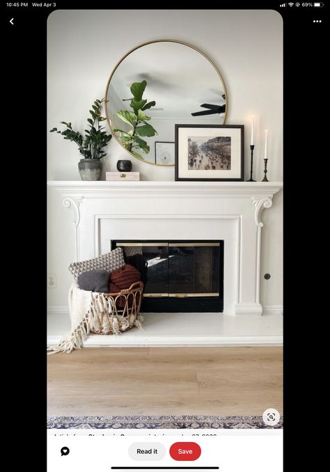 Round Mirror Over Fireplace, Alabaster Paint, Above Fireplace Decor, Mirror Over Fireplace, Mirror Above Fireplace, Fall Mantel Decor, Sherwin Williams Alabaster, Fireplace Mantle Decor, Small Fireplace