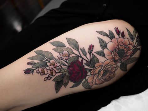 Some little add ons an older piece 🌿🌿🌿 Mastectomy Tattoo, Floral Thigh Tattoos, Kawaii Tattoo, Red Tattoos, Botanical Tattoo, Tattoo Design Ideas, Flower Tattoo Designs, Cover Up Tattoos, Mom Tattoos